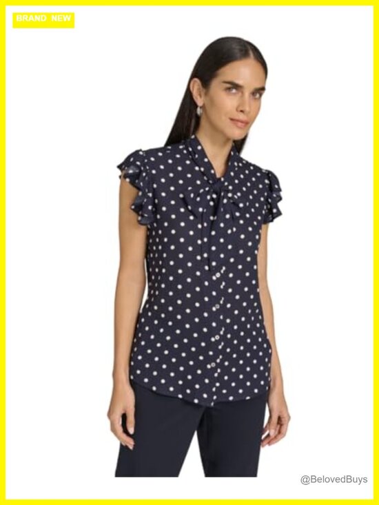 Tops - Sleeveless Ruffle Blouse with Tie Neck Regular Fit Women's